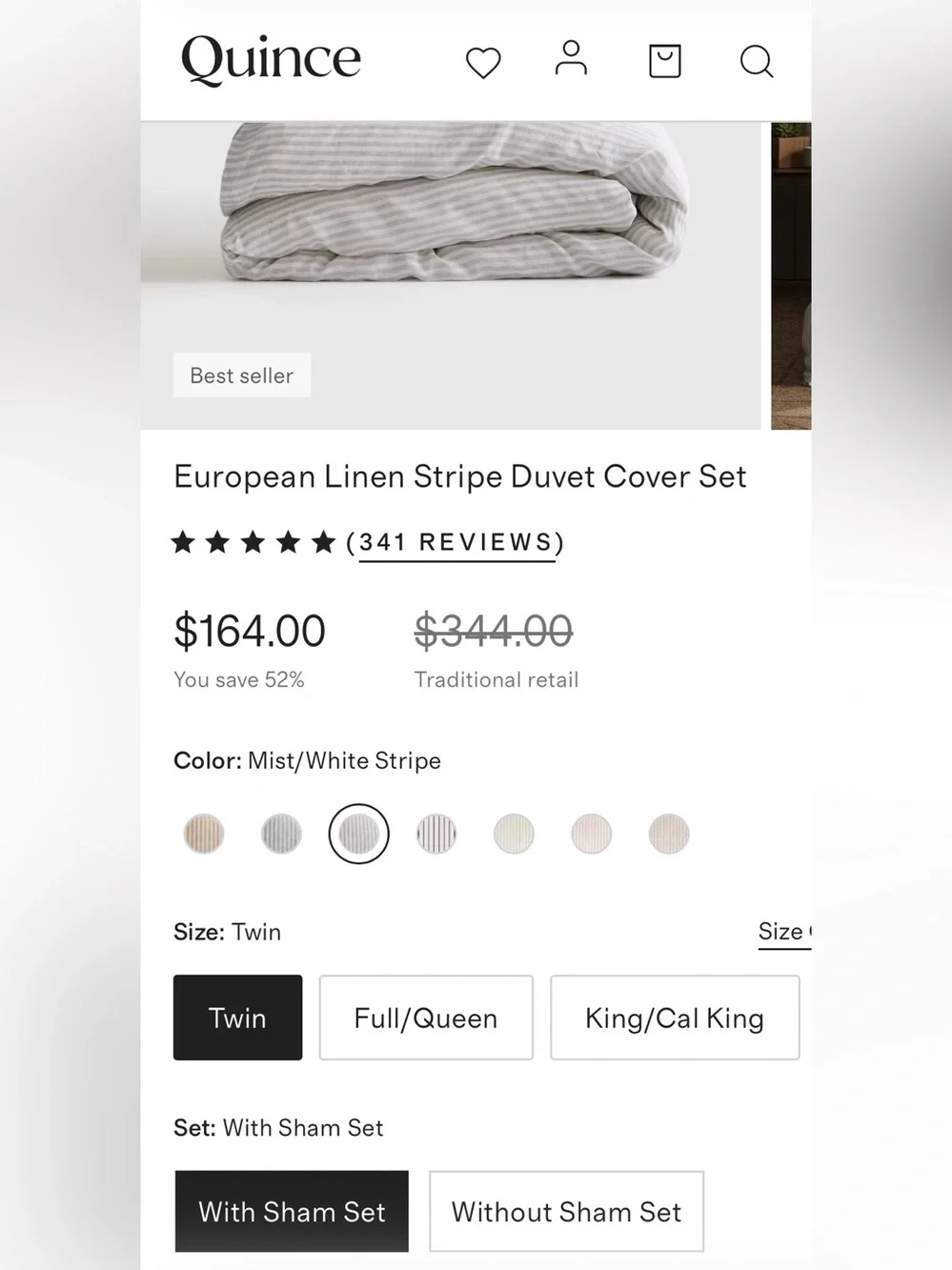 NWOT Quince European Linen Stripe Duvet Cover Set, Twin (Mist/White)